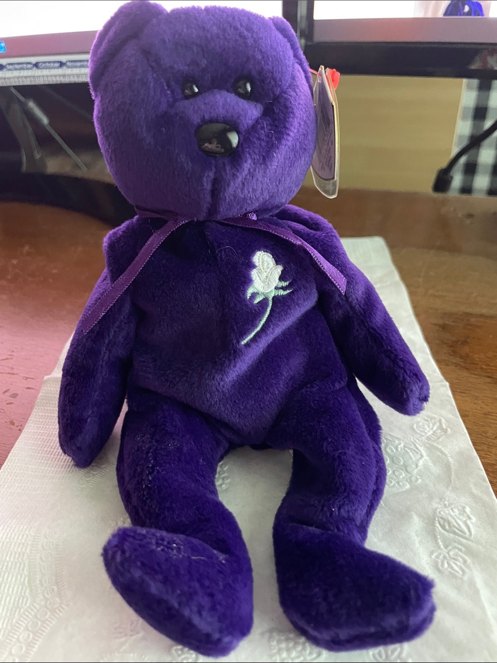 Ty Princess Di Purple Beanie Baby Plush Bear with White Rose Embroidery